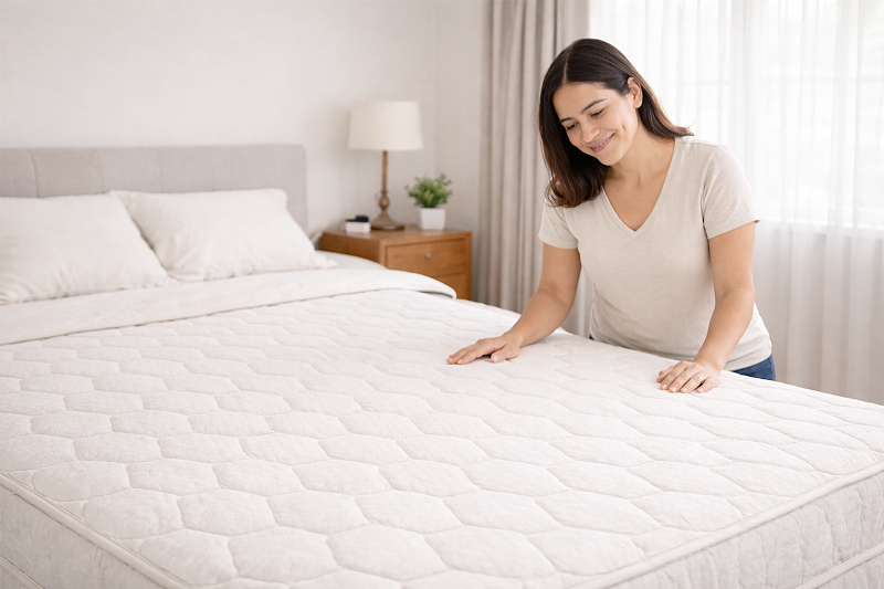 Lavado profesional de colchones para un descanso saludable en Bogotá Ama de casa colombiana observando un colchón limpio e impecable después de un lavado profesional de colchones a domicilio en Bogotá